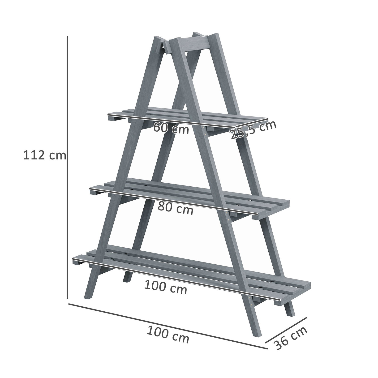Suporte de madeira para plantas dobrável de 3 níveis com estrutura em forma de a para jardim pátio 100x36x112 cm cinza