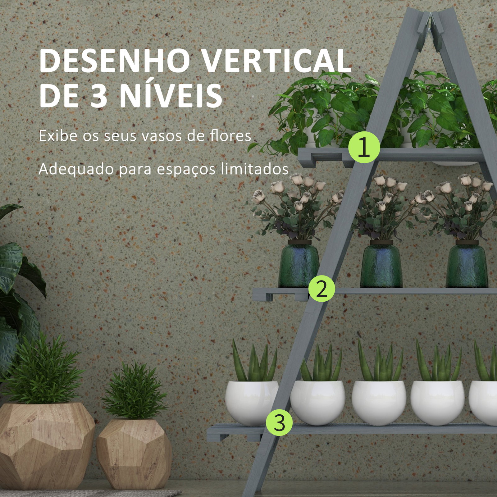 Suporte de madeira para plantas dobrável de 3 níveis com estrutura em forma de a para jardim pátio 100x36x112 cm cinza
