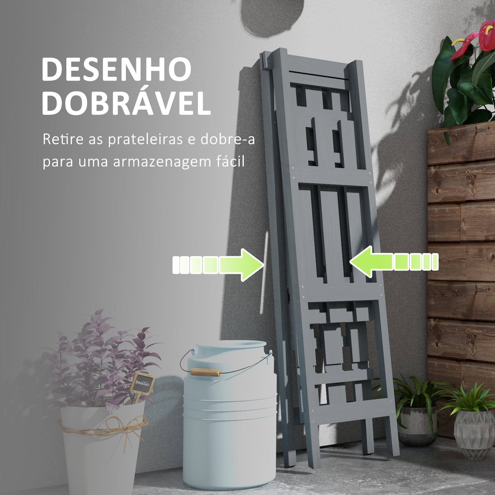 Suporte de madeira para plantas dobrável de 3 níveis com estrutura em forma de a para jardim pátio 100x36x112 cm cinza
