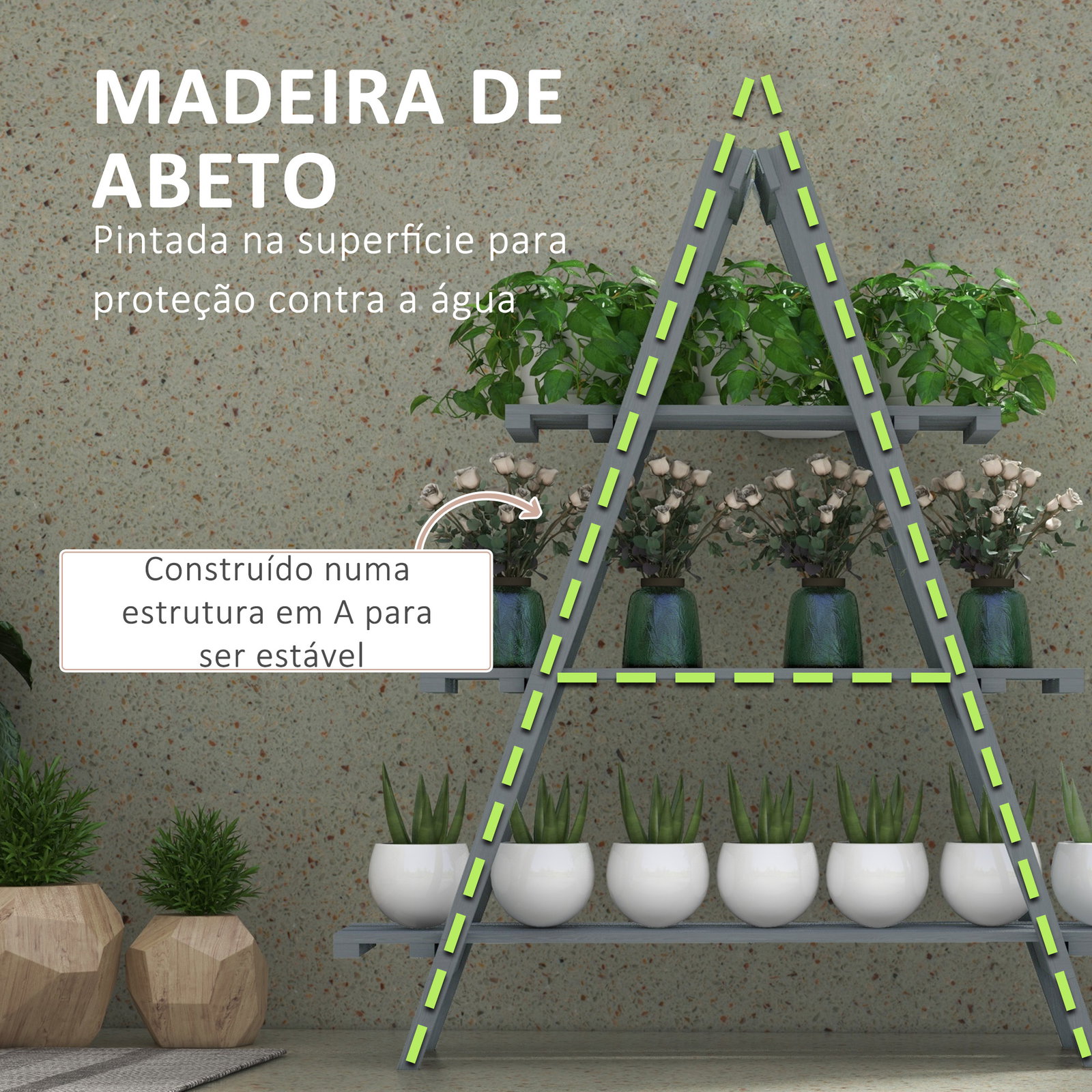 Suporte de madeira para plantas dobrável de 3 níveis com estrutura em forma de a para jardim pátio 100x36x112 cm cinza