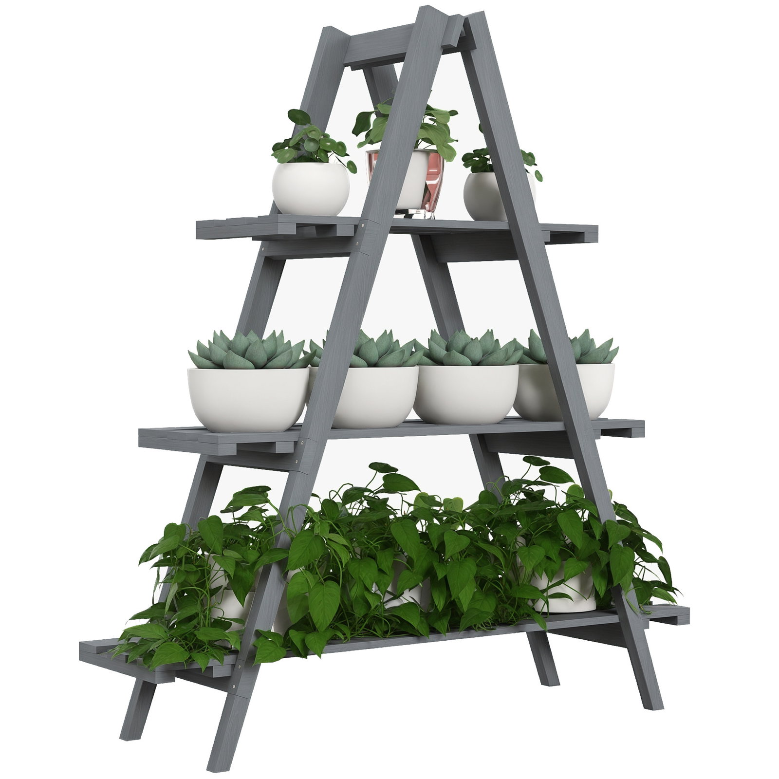 Suporte de madeira para plantas dobrável de 3 níveis com estrutura em forma de a para jardim pátio 100x36x112 cm cinza