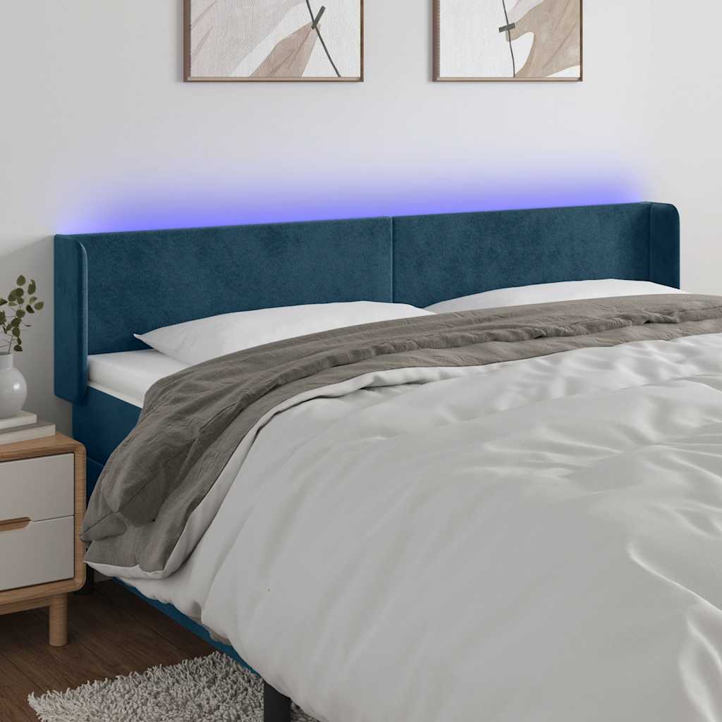 Cabeceira cama c/ luzes LED veludo 163x16x78/88 cm azul-escuro