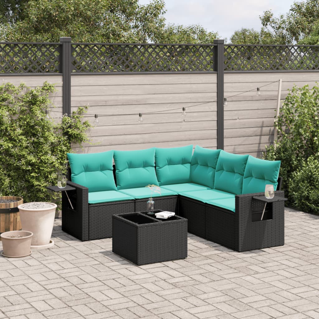 Conjunto de sofá de jardim com 6 peças e almofadas em rattan sintético preto