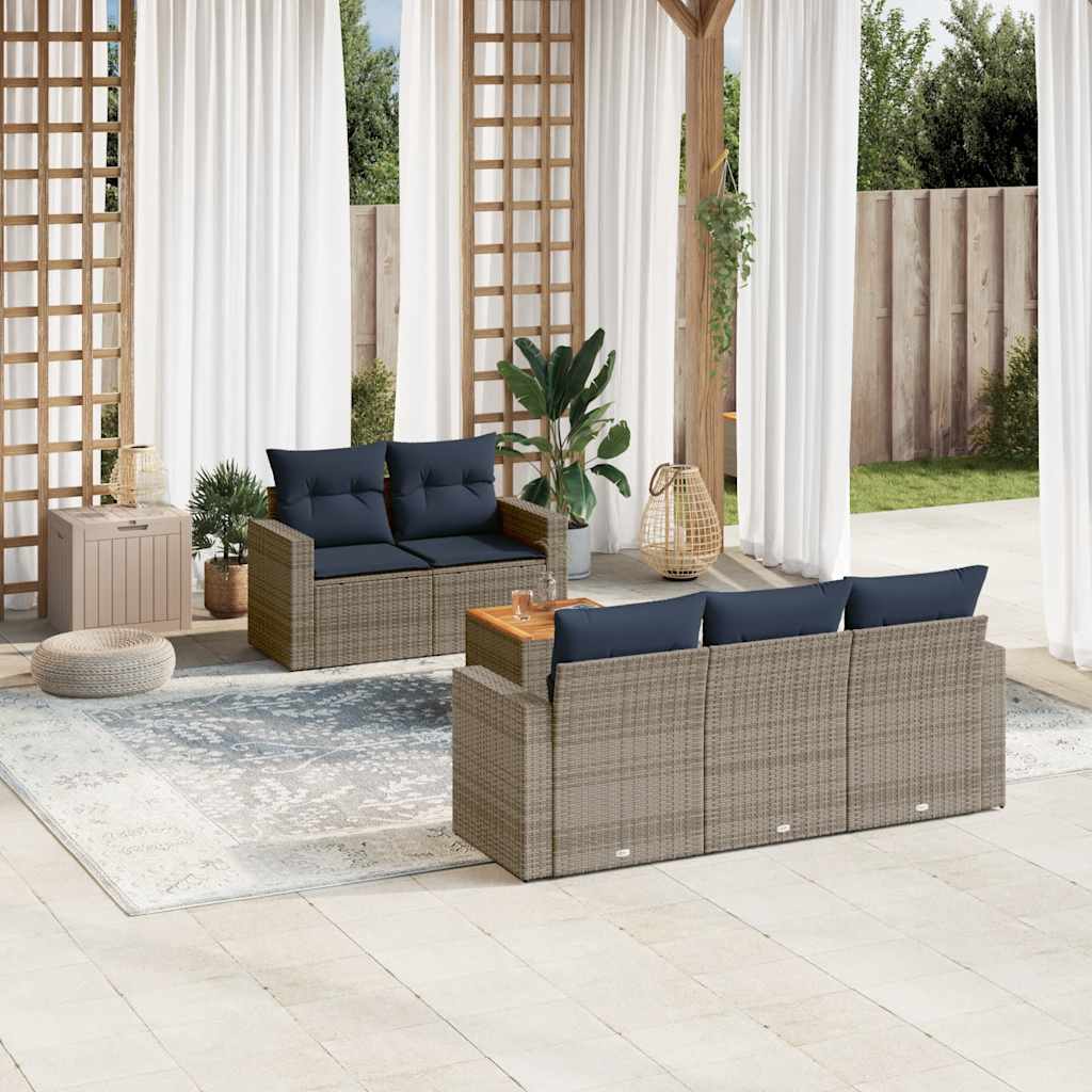 6 Pcs conjunto sofás p/ jardim c/ almofadões vime PE cinzento