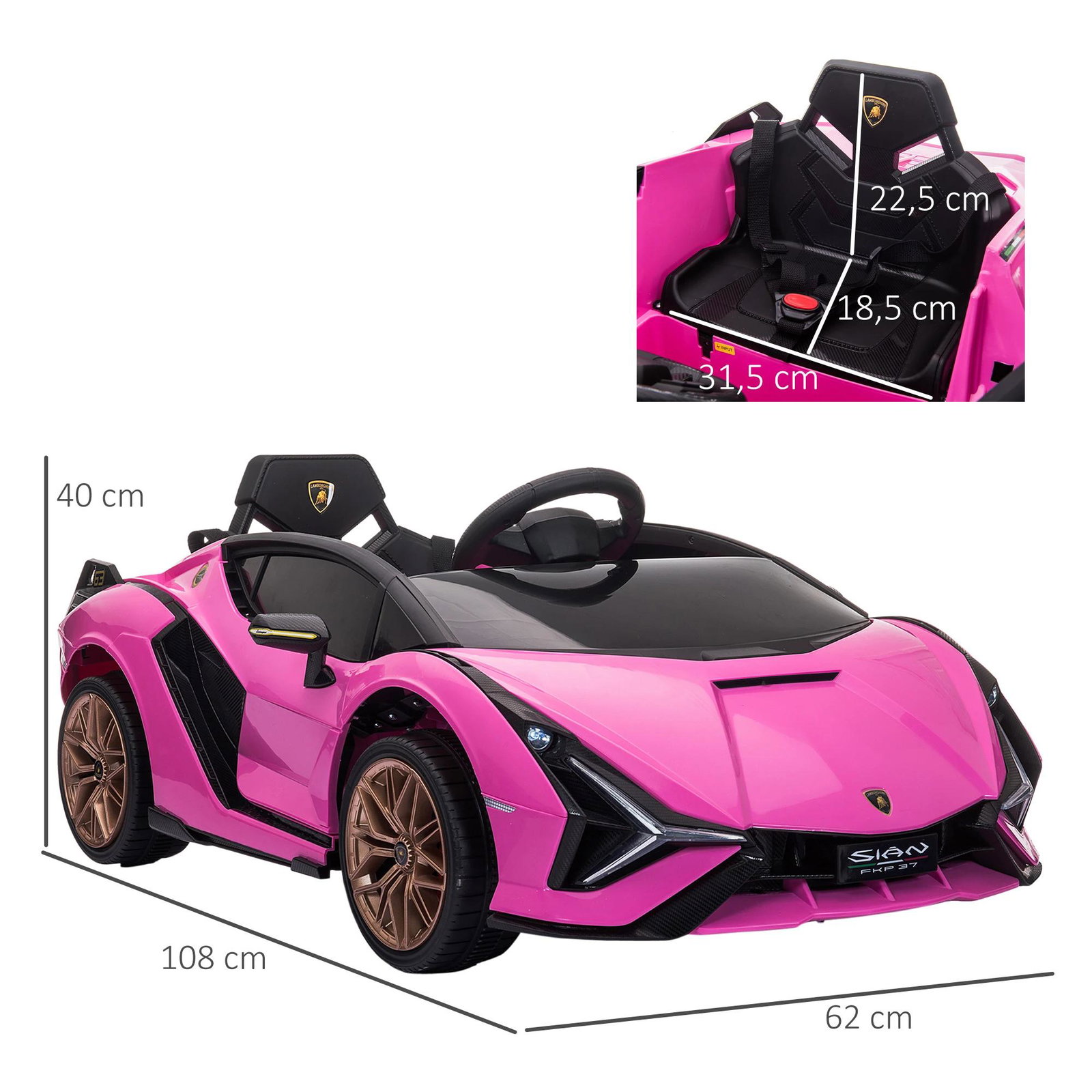 Carro Elétrico Lamborghini SIAN 12V para Crianças de 3-8 anos com Controle Remoto Abertura da Porta Música MP3 USB e Faróis 108x