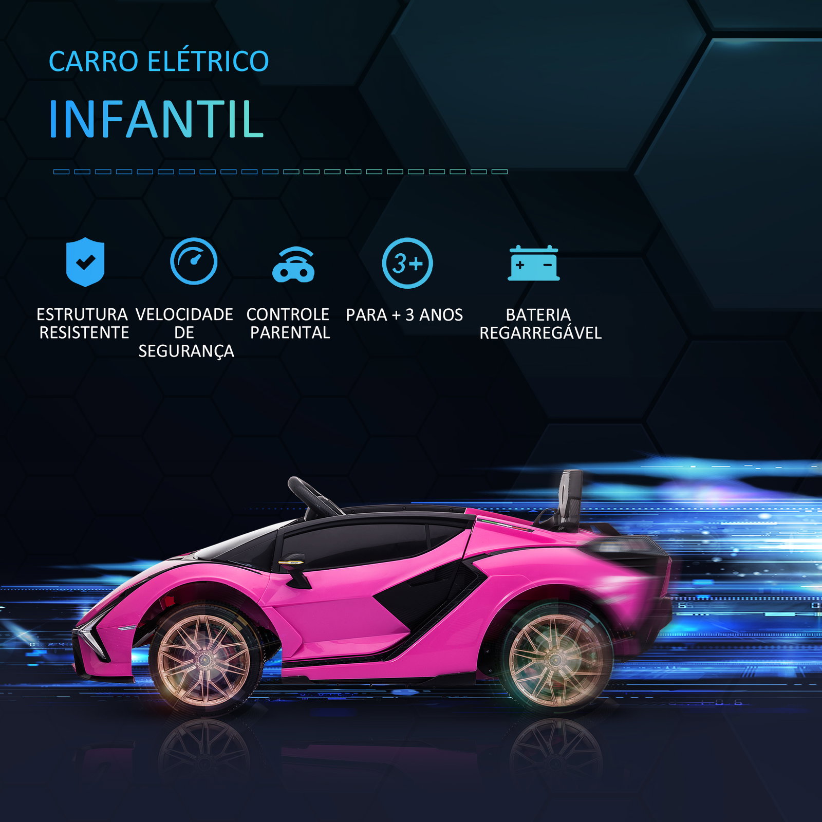 Carro Elétrico Lamborghini SIAN 12V para Crianças de 3-8 anos com Controle Remoto Abertura da Porta Música MP3 USB e Faróis 108x