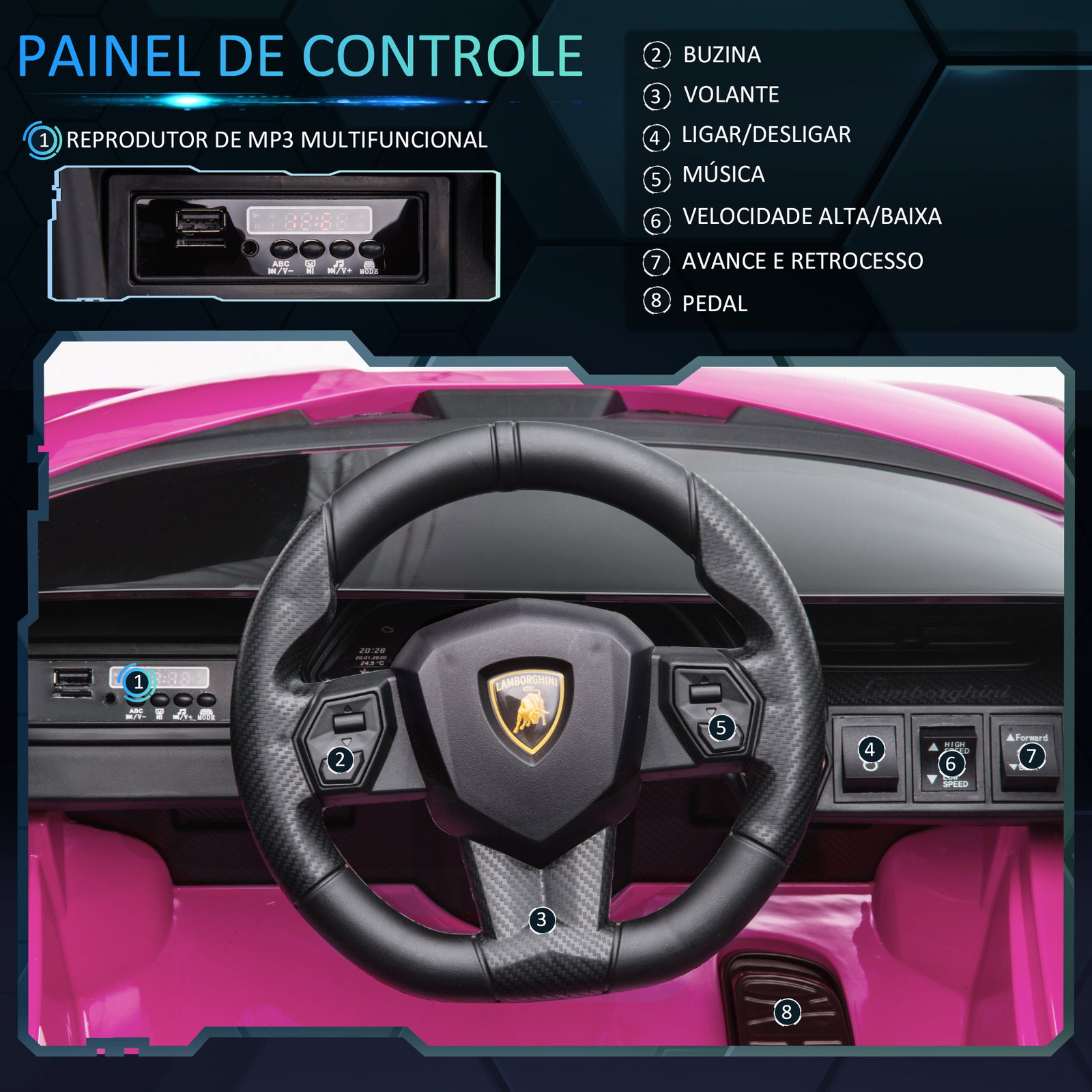 Carro Elétrico Lamborghini SIAN 12V para Crianças de 3-8 anos com Controle Remoto Abertura da Porta Música MP3 USB e Faróis 108x