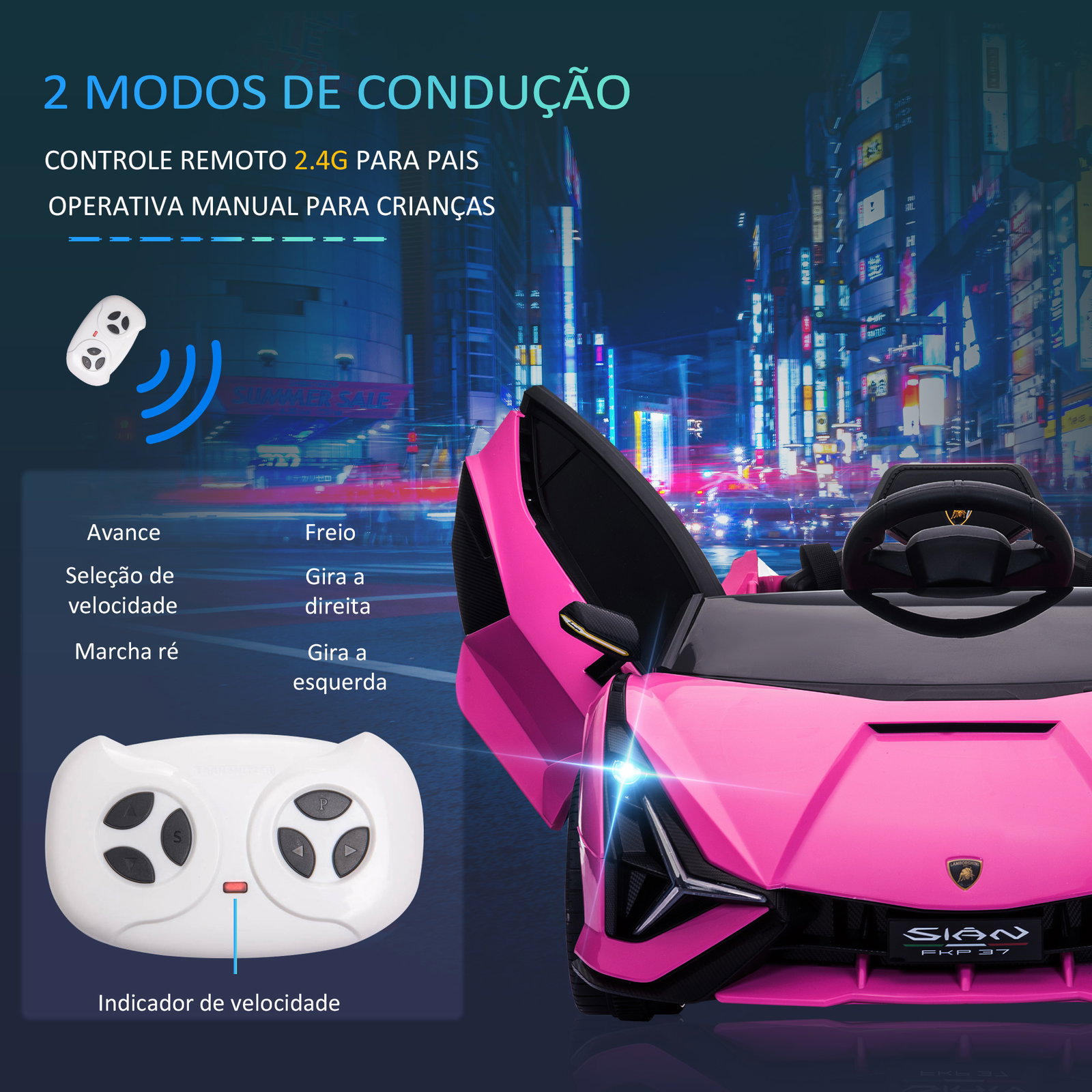 Carro Elétrico Lamborghini SIAN 12V para Crianças de 3-8 anos com Controle Remoto Abertura da Porta Música MP3 USB e Faróis 108x