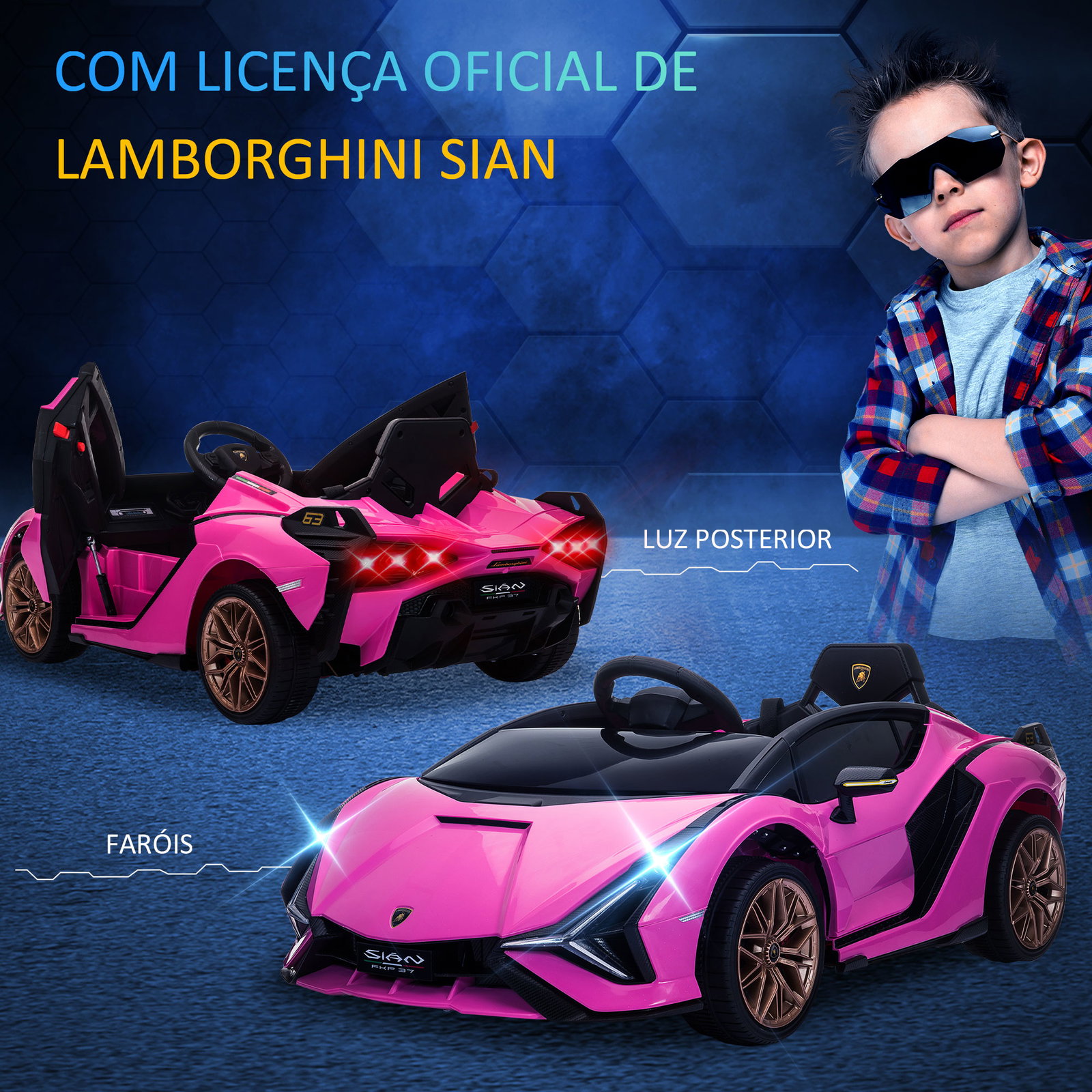 Carro Elétrico Lamborghini SIAN 12V para Crianças de 3-8 anos com Controle Remoto Abertura da Porta Música MP3 USB e Faróis 108x