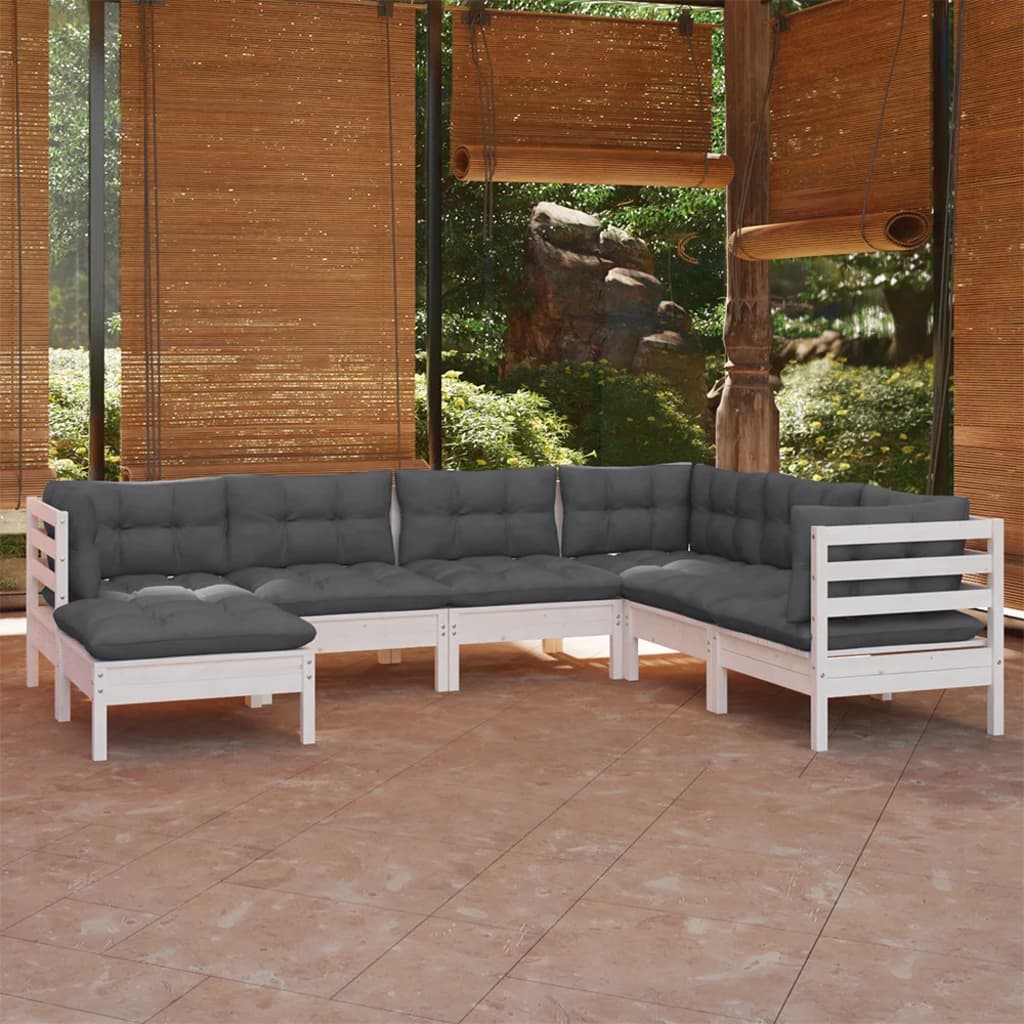 7 Pcs conj. lounge de jardim c/ almofadões pinho maciço branco