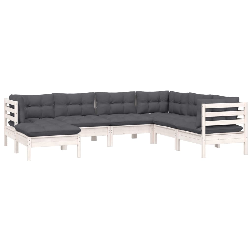 7 Pcs conj. lounge de jardim c/ almofadões pinho maciço branco