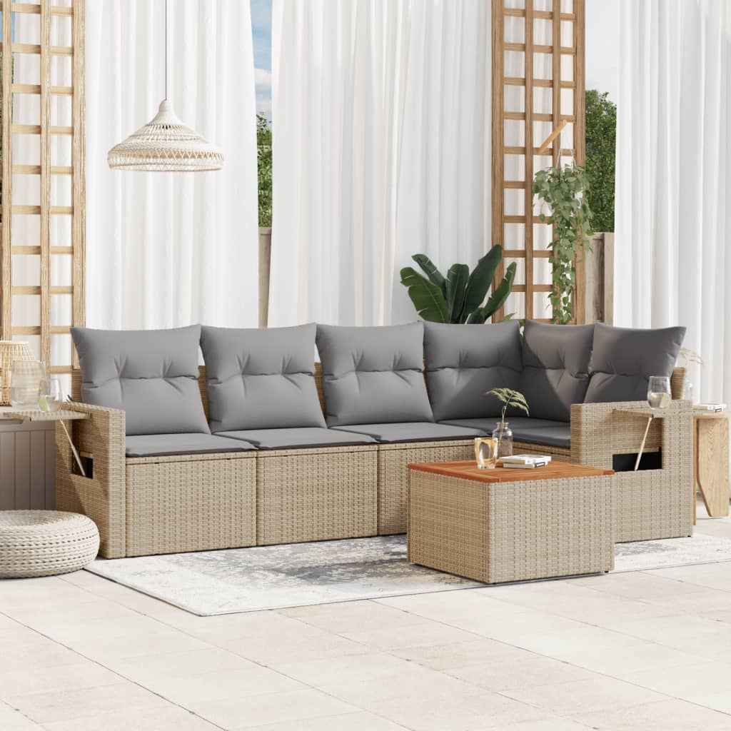 6 Pcs conjunto de sofás p/ jardim com almofadões vime PE bege