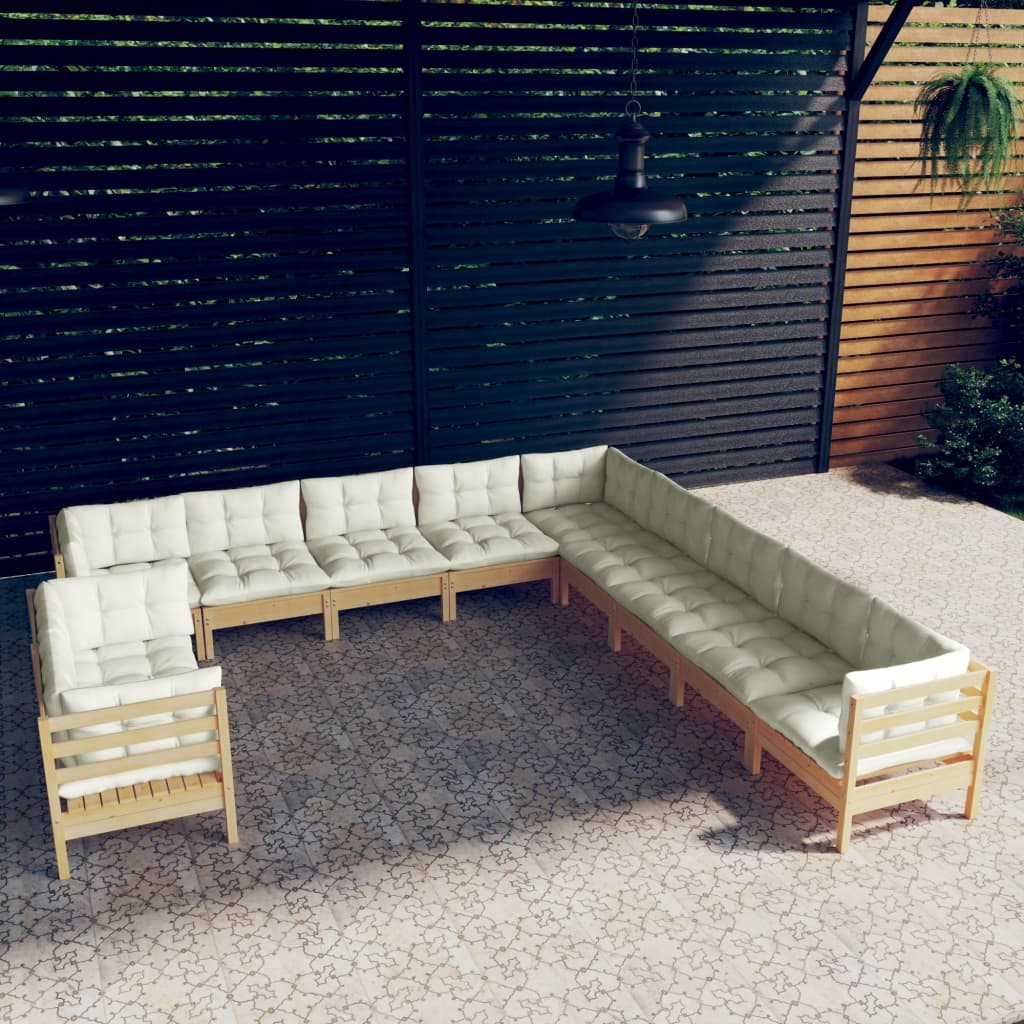 11 Pcs conjunto lounge jardim c/ almofadões creme pinho maciço