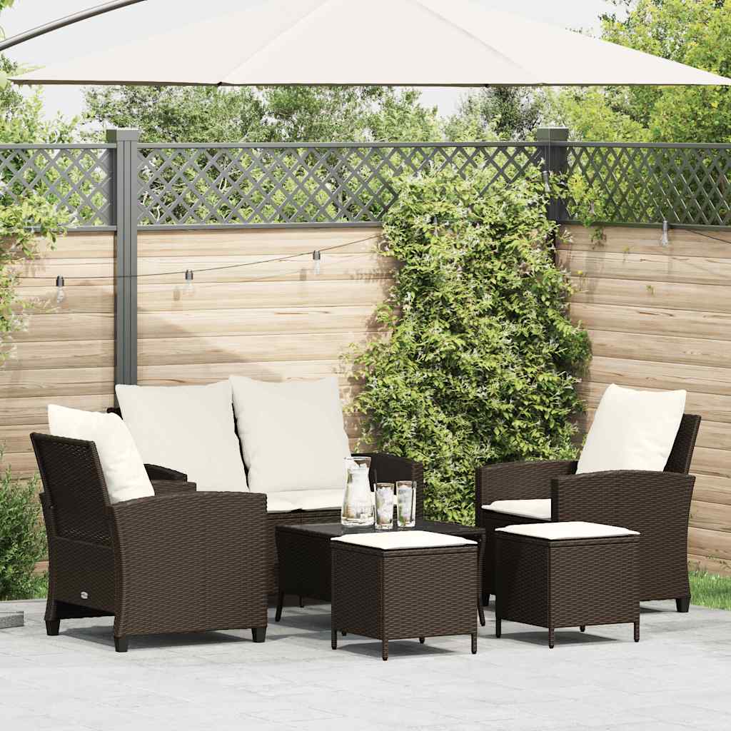 6 Pcs conjunto de sofás jardim c/ almofadões vime PE castanho