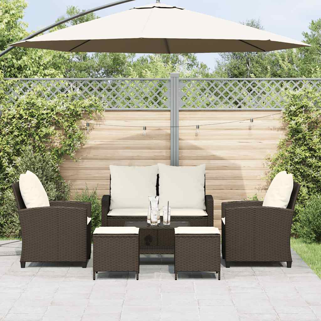 6 Pcs conjunto de sofás jardim c/ almofadões vime PE castanho