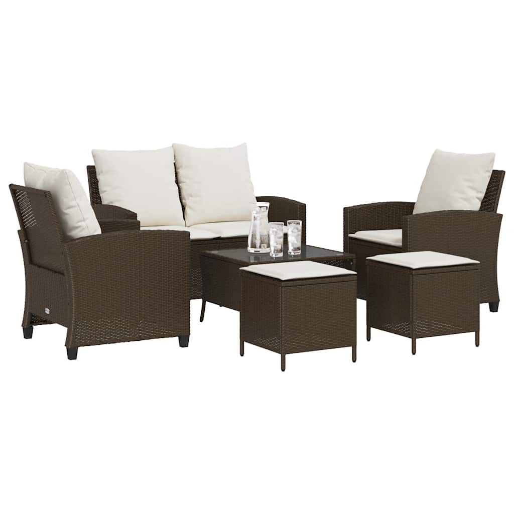 6 Pcs conjunto de sofás jardim c/ almofadões vime PE castanho