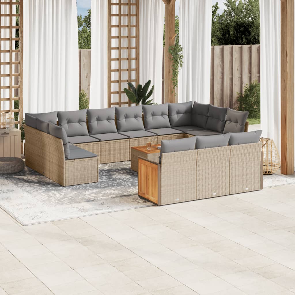 14 Pcs conjunto de sofás p/ jardim com almofadões vime PE bege