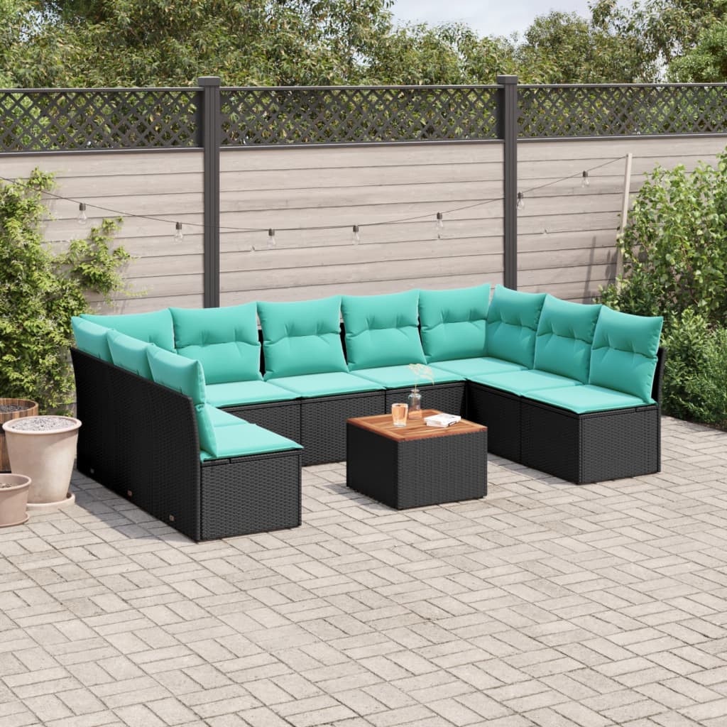 10 Pcs conjunto de sofás p/ jardim c/ almofadões vime PE preto