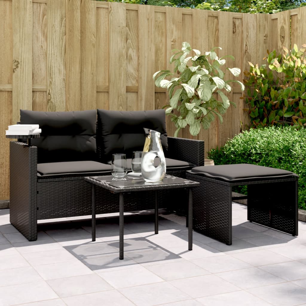 3 Pcs conjunto sofás de jardim com almofadões vime PE preto