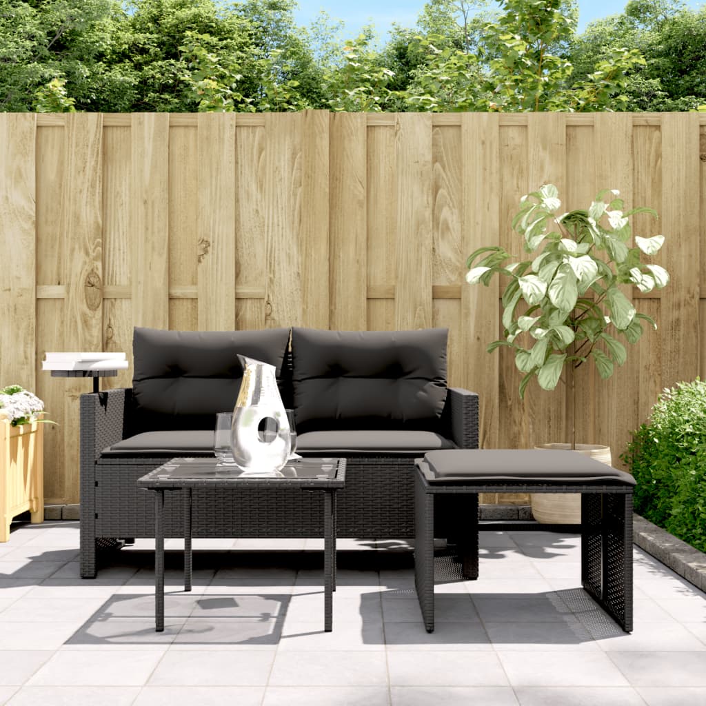 3 Pcs conjunto sofás de jardim com almofadões vime PE preto