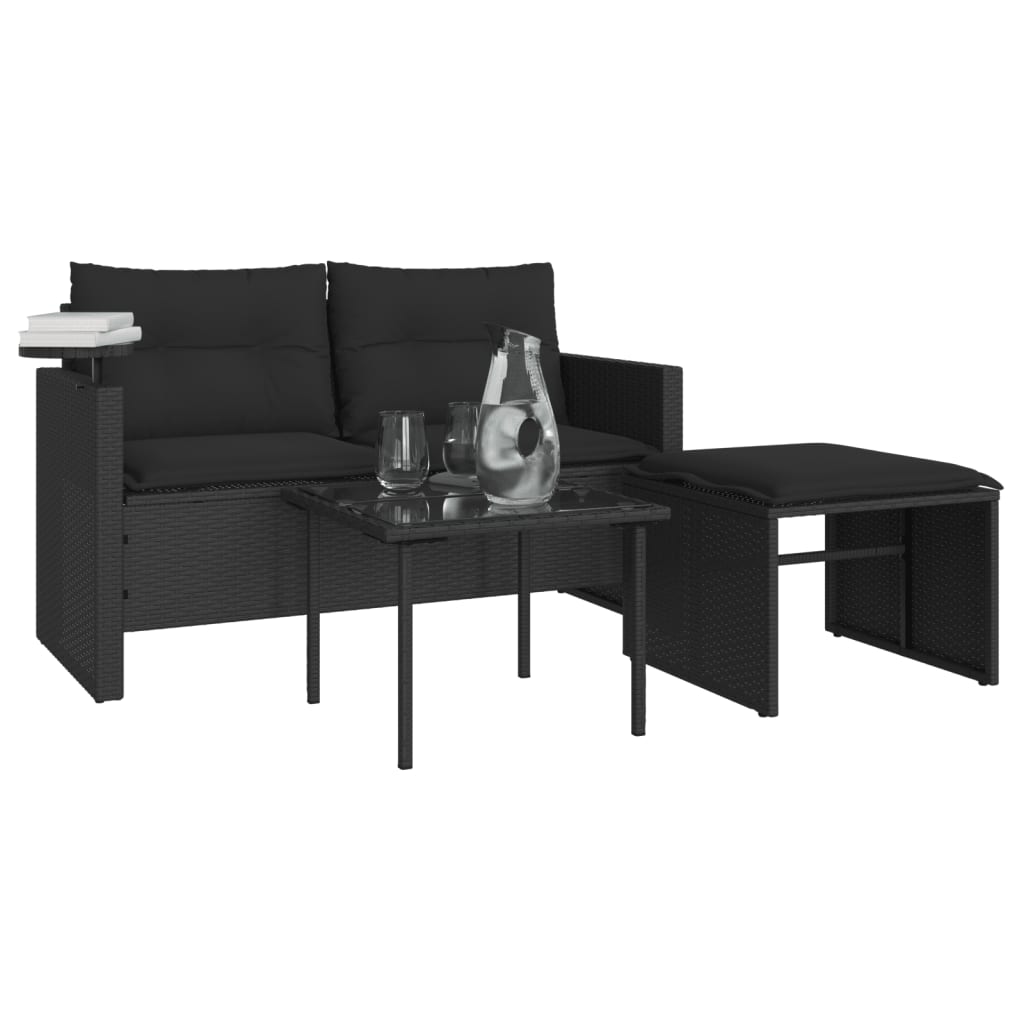 3 Pcs conjunto sofás de jardim com almofadões vime PE preto