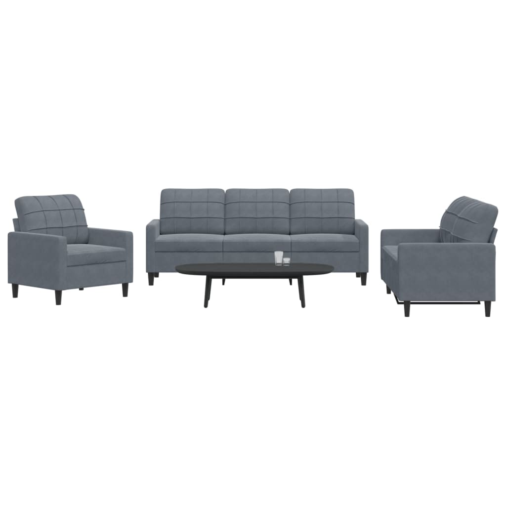 3 Pcs conjunto de sofás com almofadões veludo cinzento-escuro