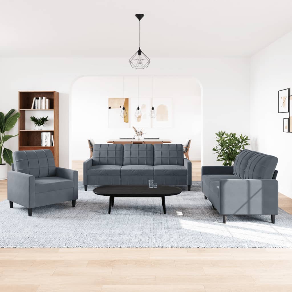 3 Pcs conjunto de sofás com almofadões veludo cinzento-escuro