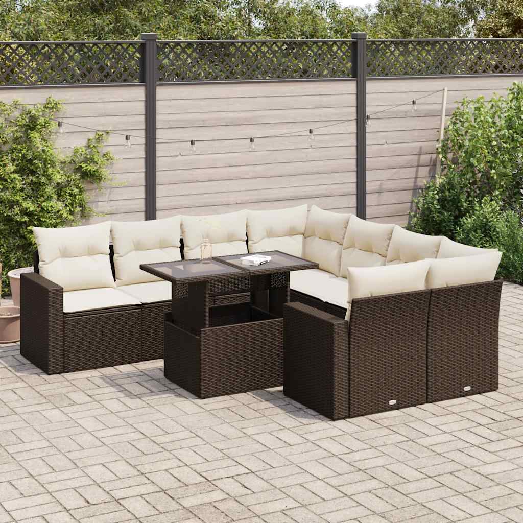9 Pcs conjunto sofás p/ jardim c/ almofadões vime PE castanho