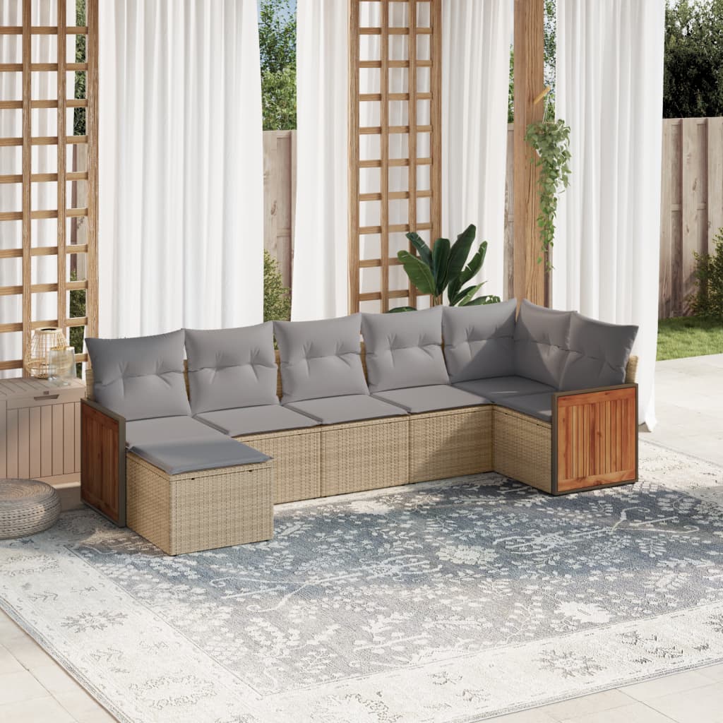 7 Pcs conjunto de sofás p/ jardim com almofadões vime PE bege
