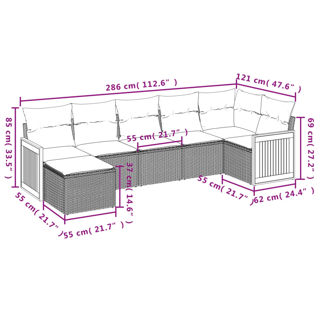 7 Pcs conjunto de sofás p/ jardim com almofadões vime PE bege