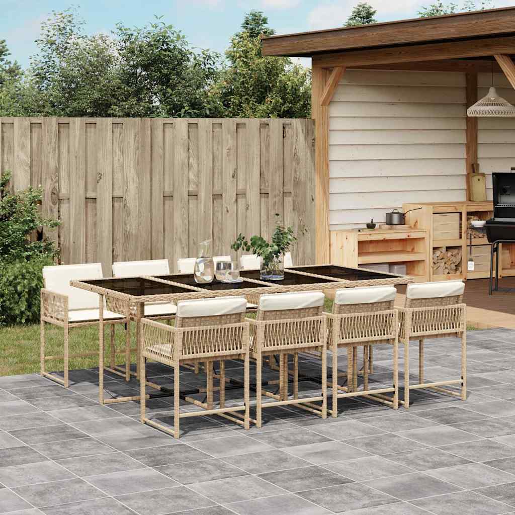 9 Pcs conjunto de jantar p/ jardim com almofadões vime PE bege
