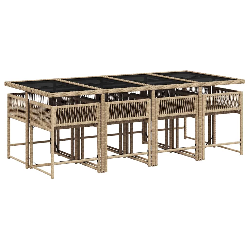 9 Pcs conjunto de jantar p/ jardim com almofadões vime PE bege