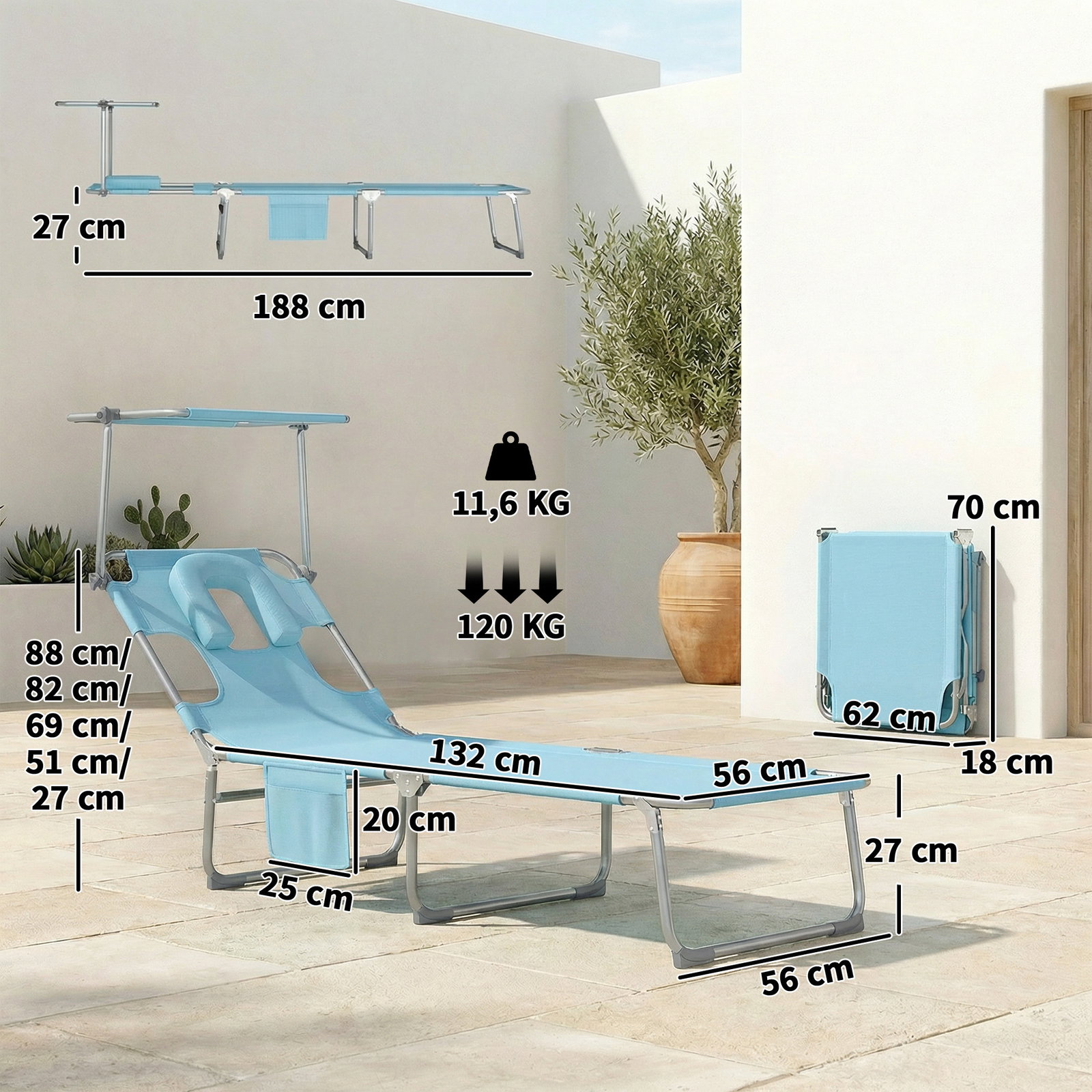 Conjunto de 2 espreguiçadeiras dobráveis com dossel 360° encosto 5 posições orifício facial 188x56x27 cm azul claro