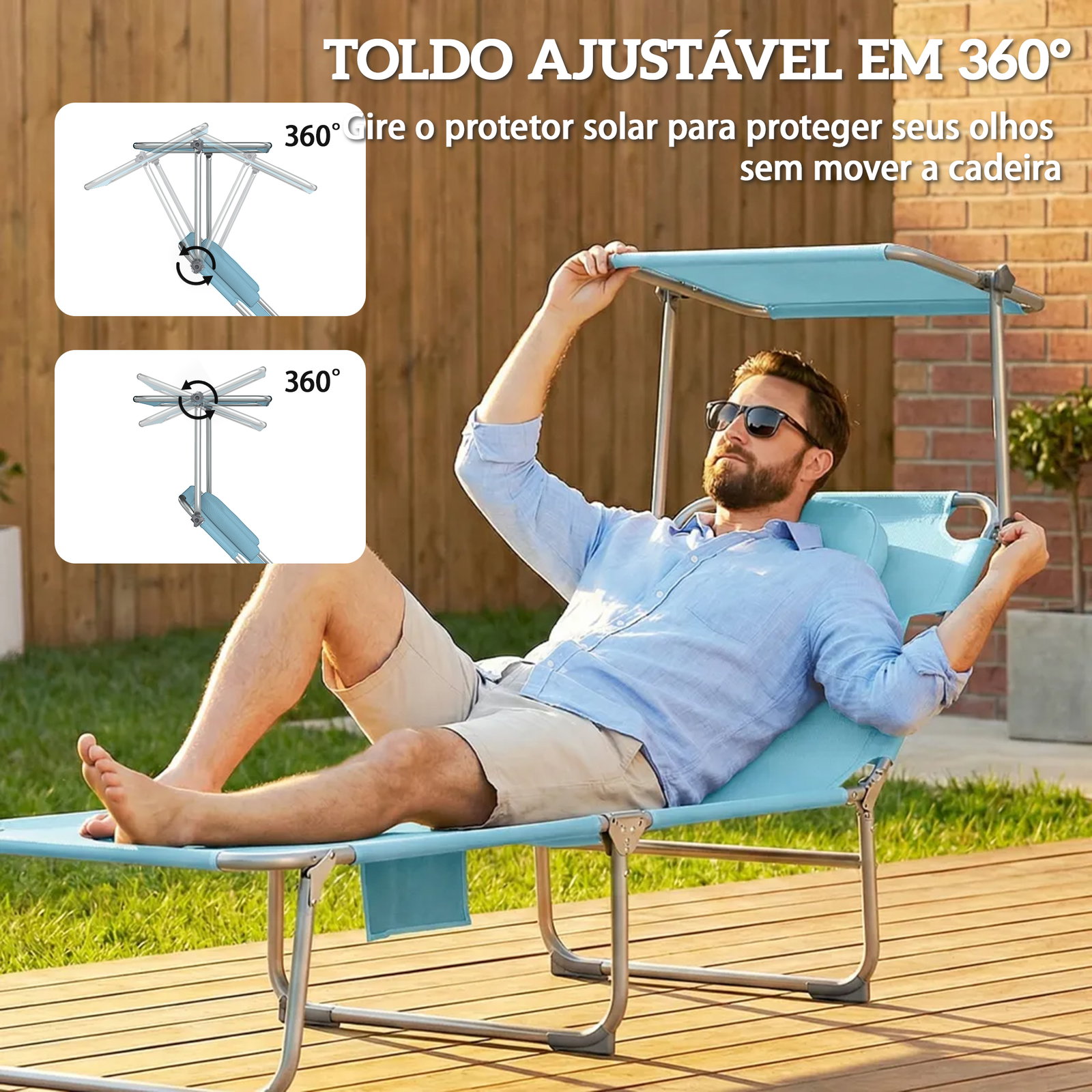 Conjunto de 2 espreguiçadeiras dobráveis com dossel 360° encosto 5 posições orifício facial 188x56x27 cm azul claro