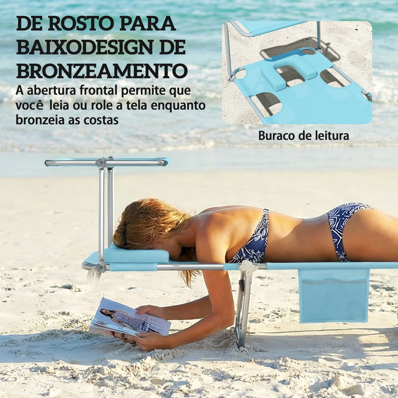 Conjunto de 2 espreguiçadeiras dobráveis com dossel 360° encosto 5 posições orifício facial 188x56x27 cm azul claro