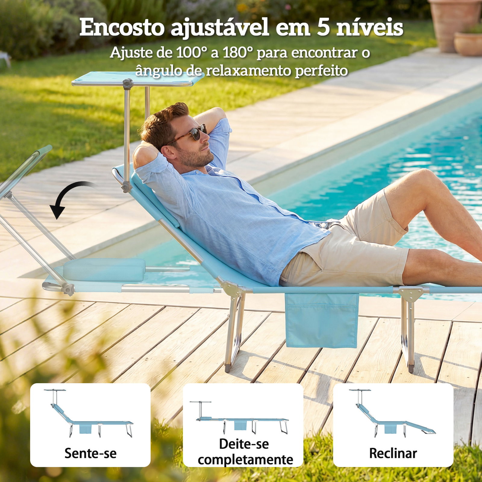 Conjunto de 2 espreguiçadeiras dobráveis com dossel 360° encosto 5 posições orifício facial 188x56x27 cm azul claro
