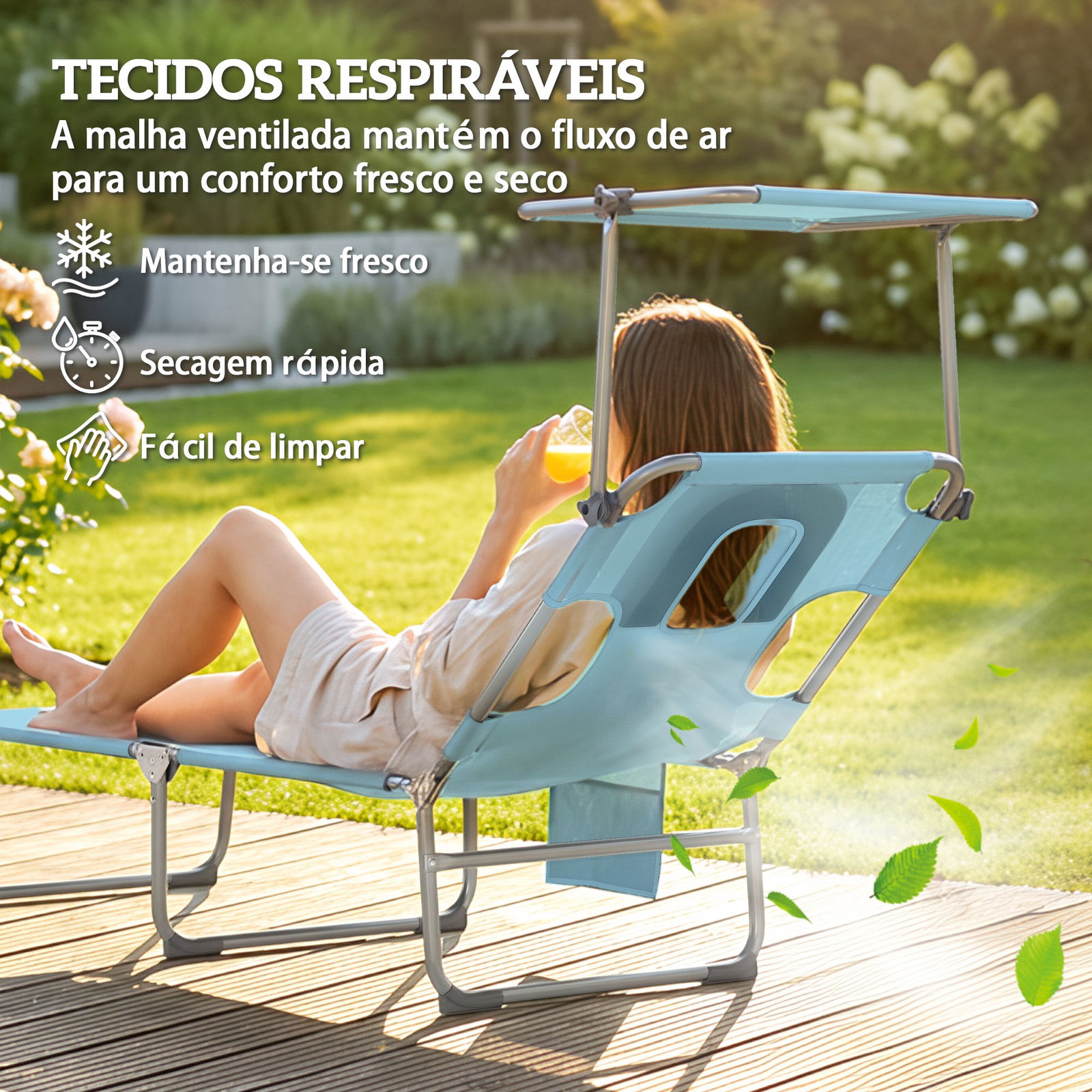 Conjunto de 2 espreguiçadeiras dobráveis com dossel 360° encosto 5 posições orifício facial 188x56x27 cm azul claro