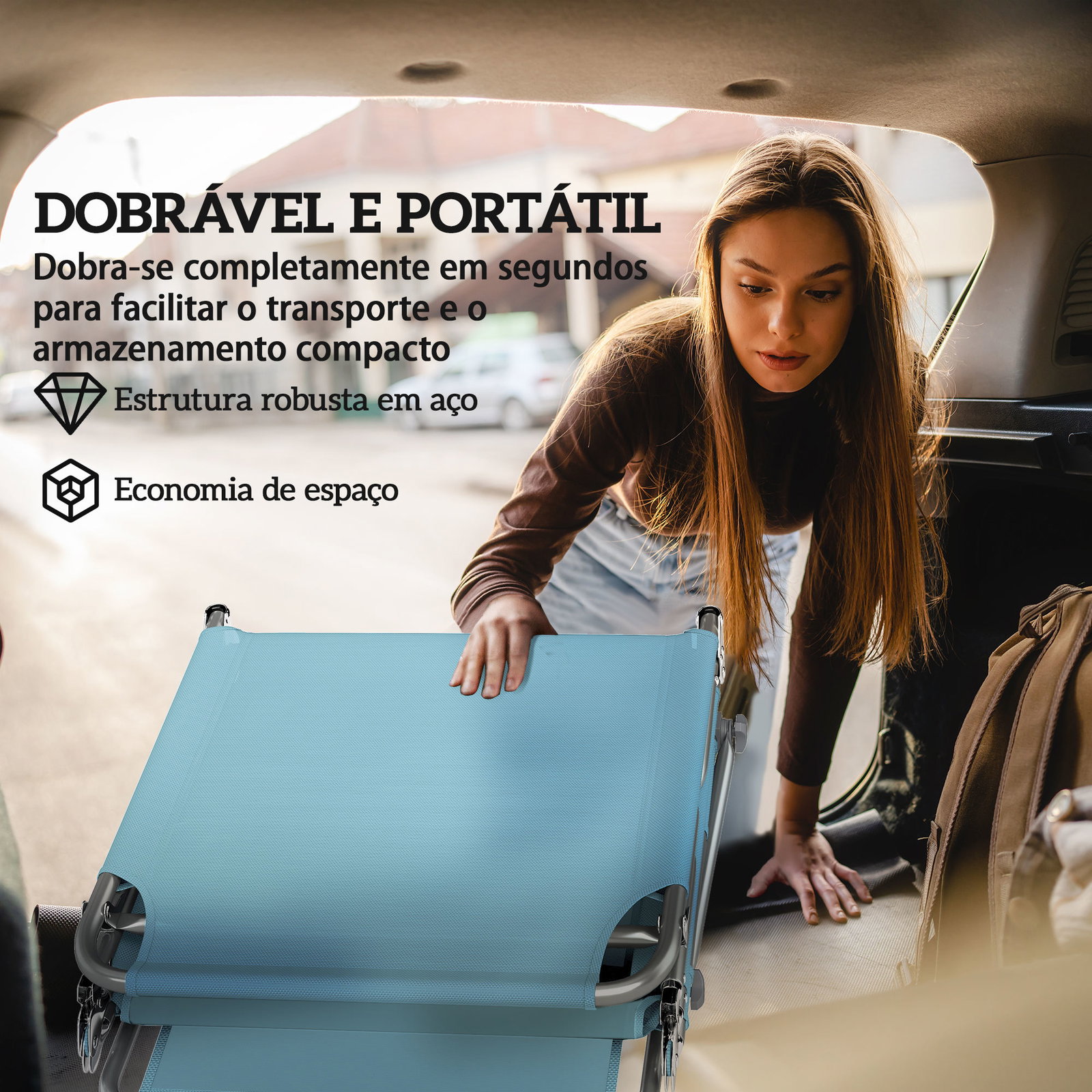Conjunto de 2 espreguiçadeiras dobráveis com dossel 360° encosto 5 posições orifício facial 188x56x27 cm azul claro