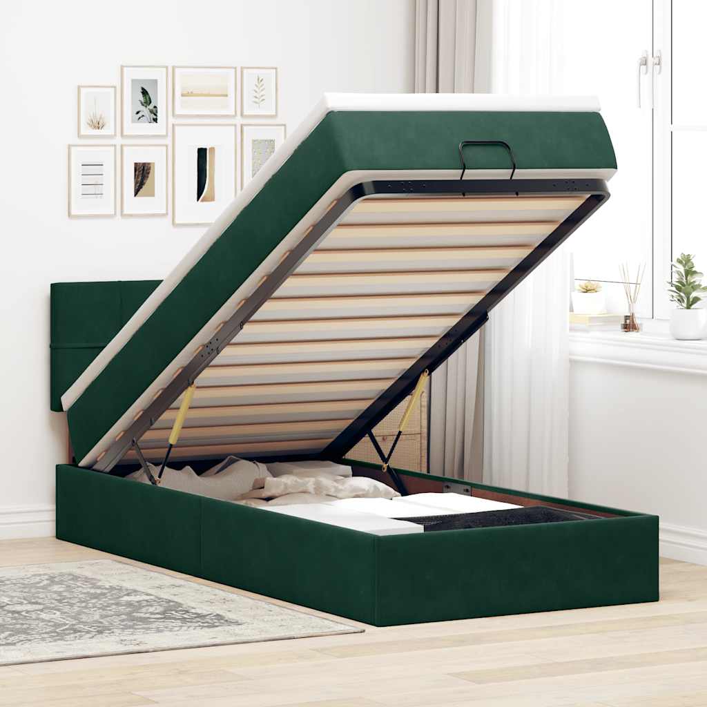 Cama otomana com colchão & leds 80x200cm veludo verde-escuro
