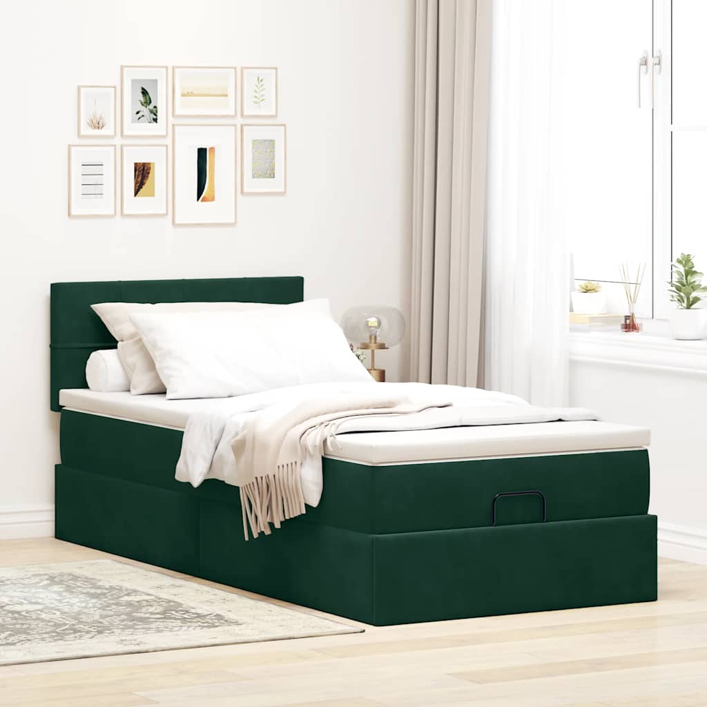 Cama otomana com colchão & leds 80x200cm veludo verde-escuro
