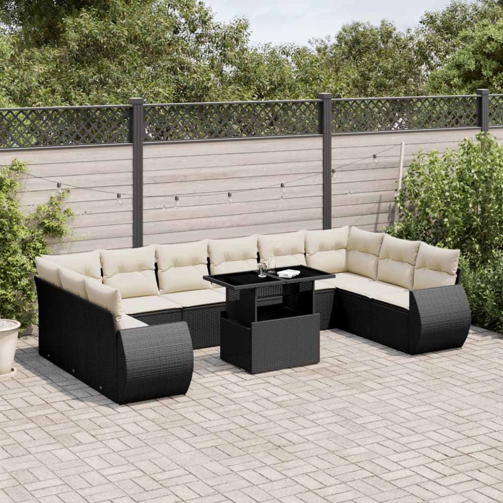 11 Pcs conjunto sofás de jardim c/ almofadões vime PE preto