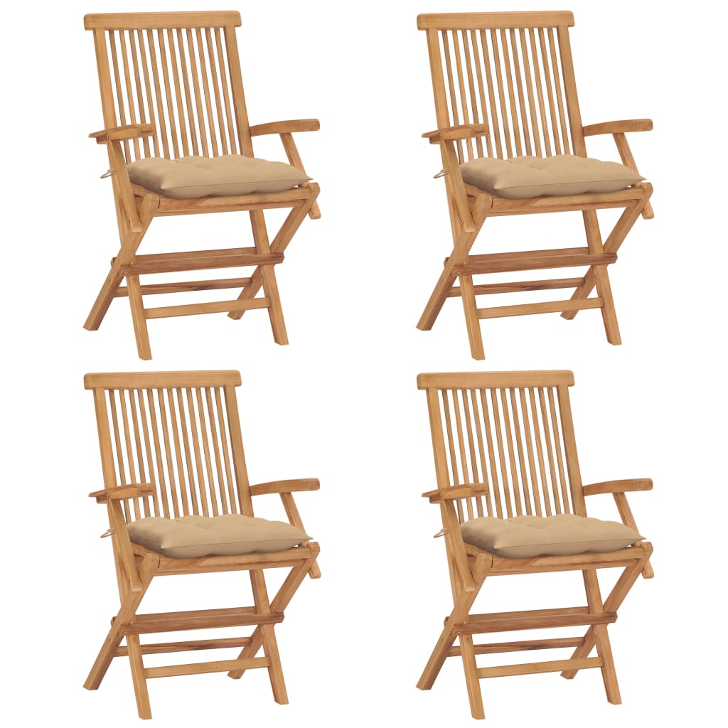 Cadeiras de jardim c/ almofadões beges 4 pcs teca maciça