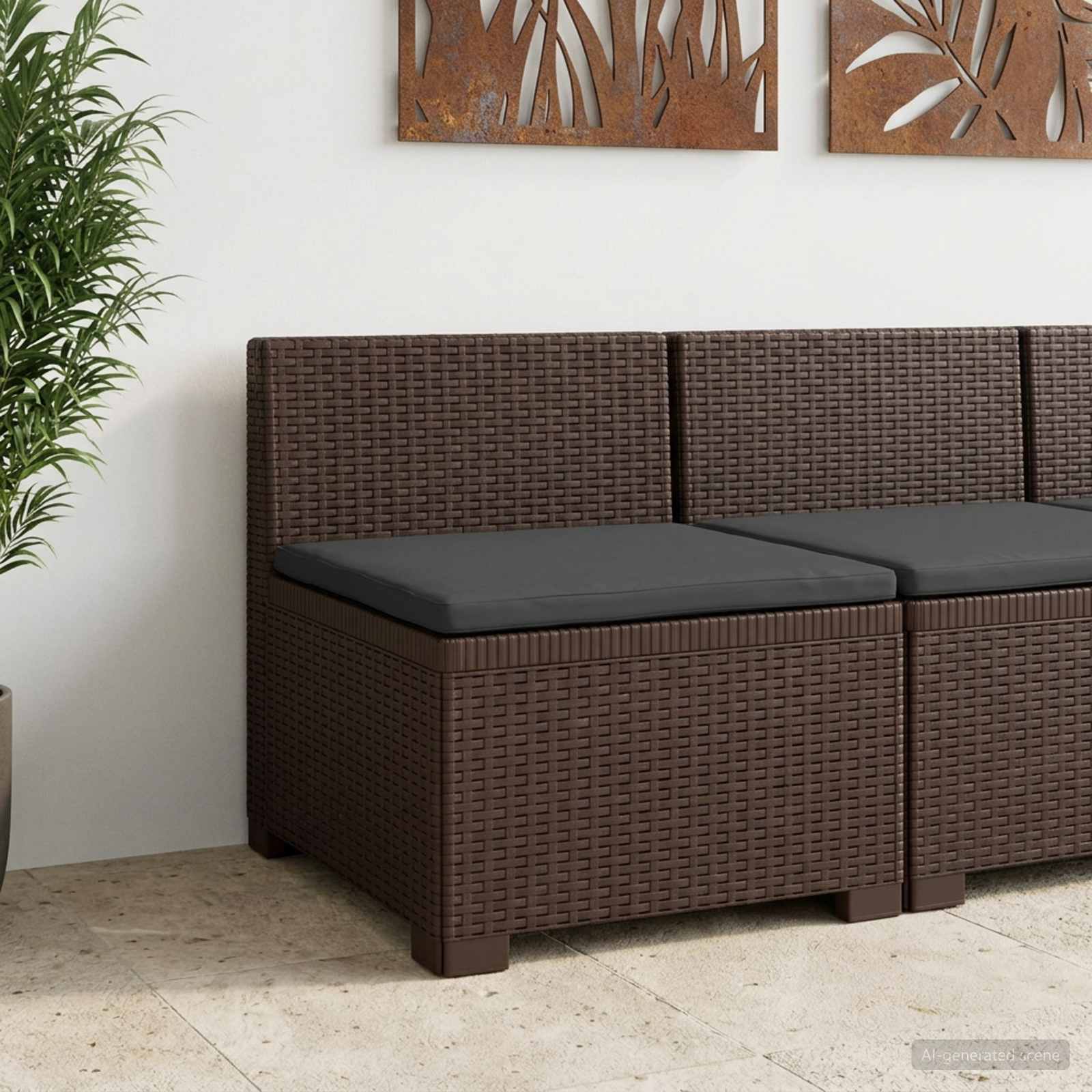 Sofá de jardim 1 lugar com almofada look rattan PP castanho