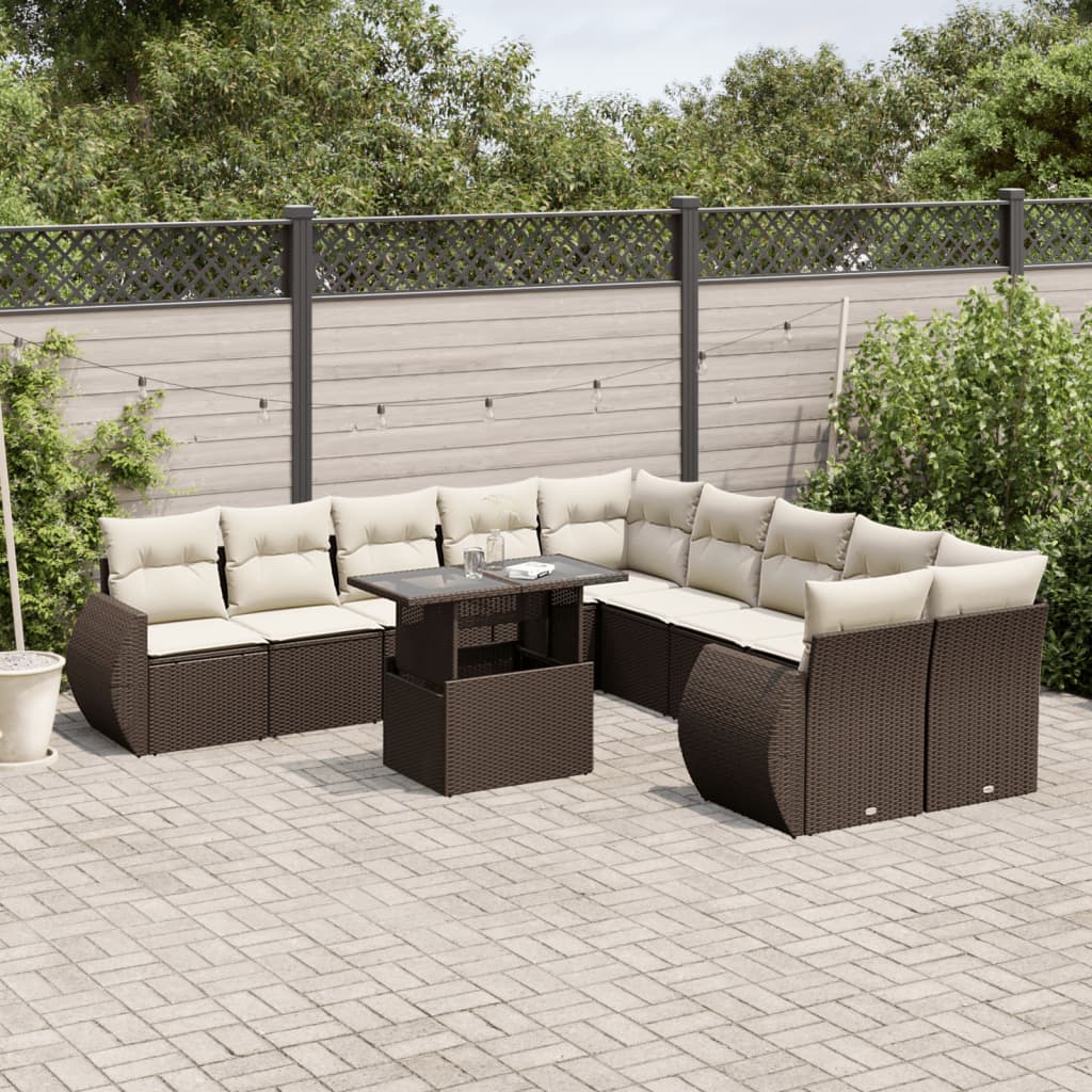 11 Pcs conjunto sofás de jardim c/ almofadões vime PE castanho
