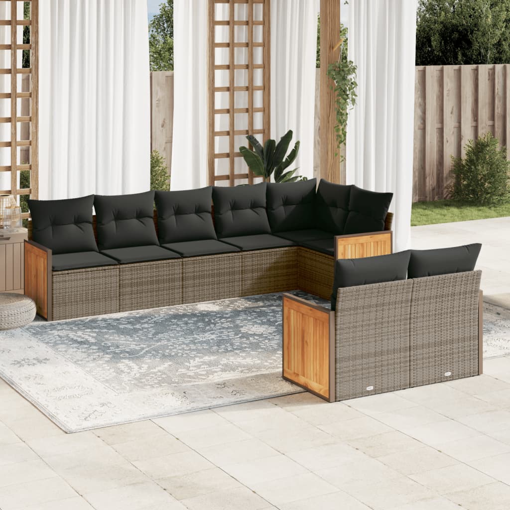 8 Pcs conjunto sofás de jardim c/ almofadões vime PE cinzento