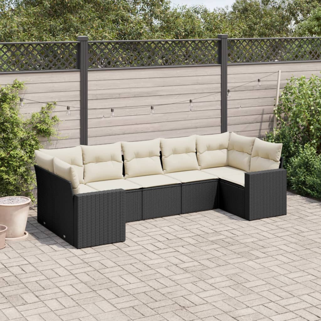 7 Pcs conjunto de sofás p/ jardim c/ almofadões vime PE preto