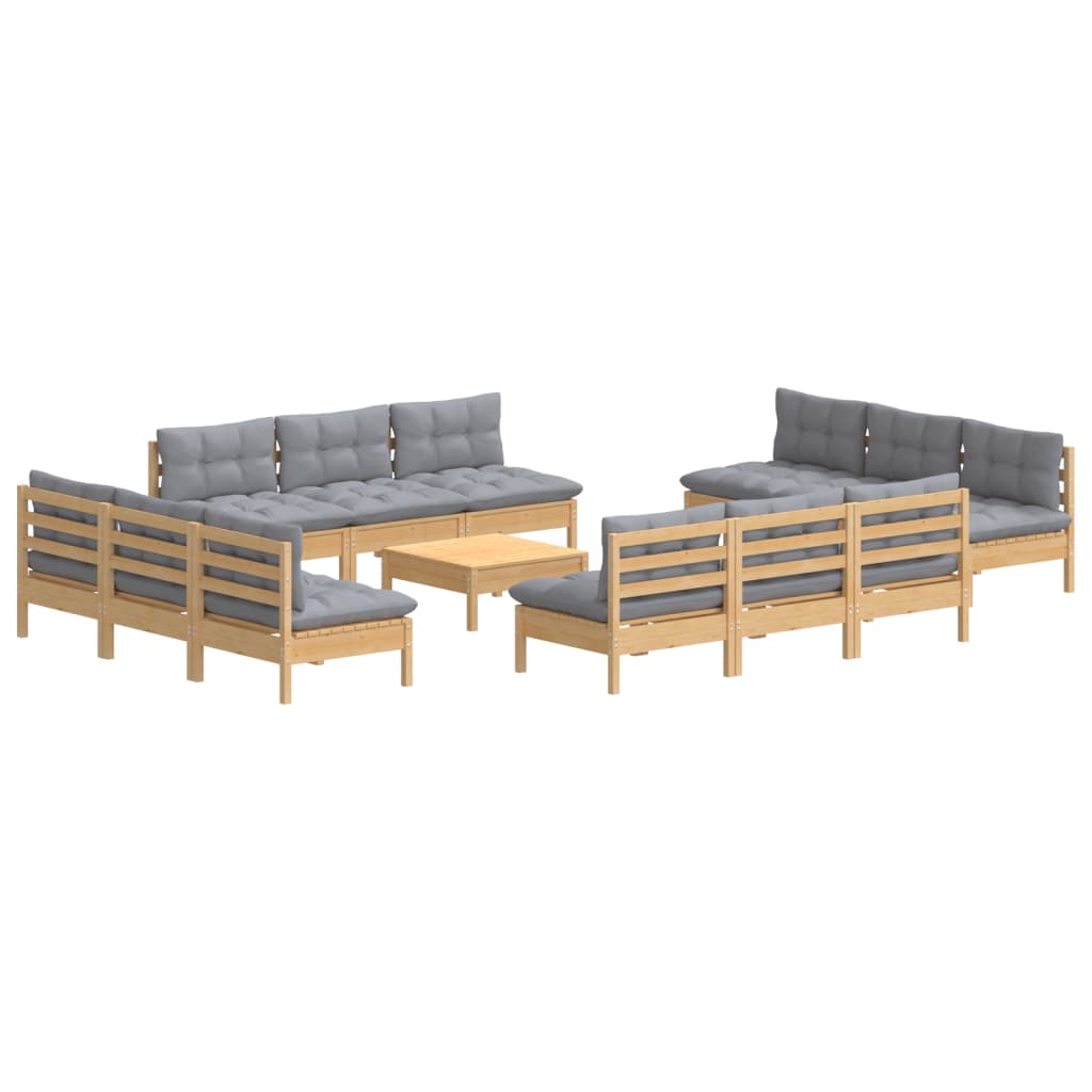 13 Pcs conjunto lounge de jardim c/ almofadões cinzentos pinho