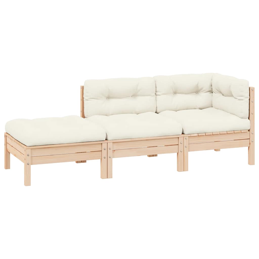 3 Pcs conjunto lounge jardim c/ almofadões creme pinho maciço