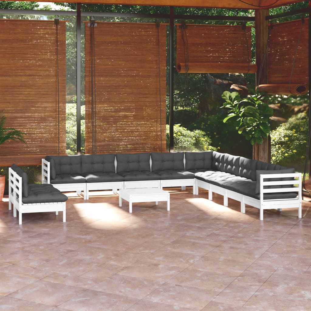 12 Pcs conj. lounge de jardim c/ almofadões pinho maciço branco