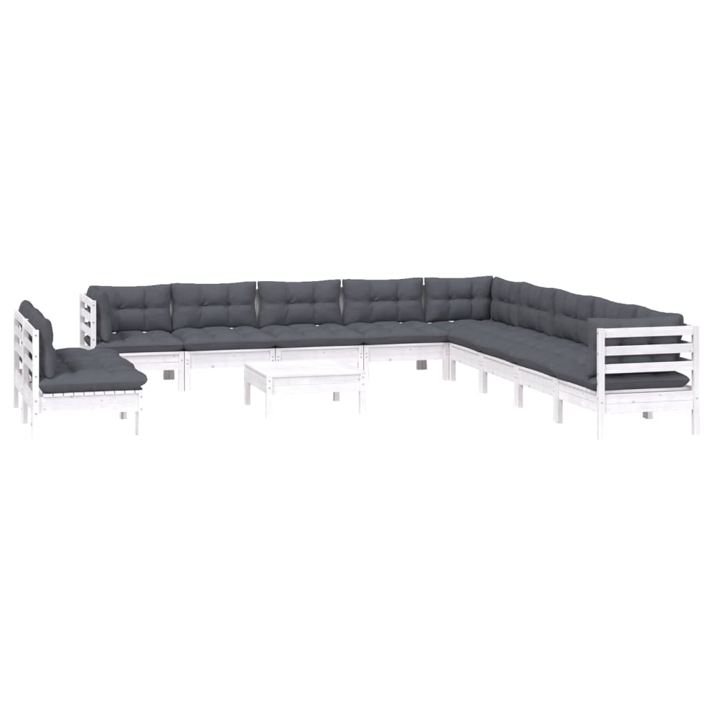 12 Pcs conj. lounge de jardim c/ almofadões pinho maciço branco